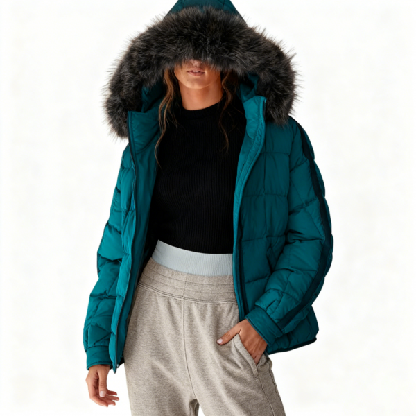 Teal Fur-Hood Puffer Jacket