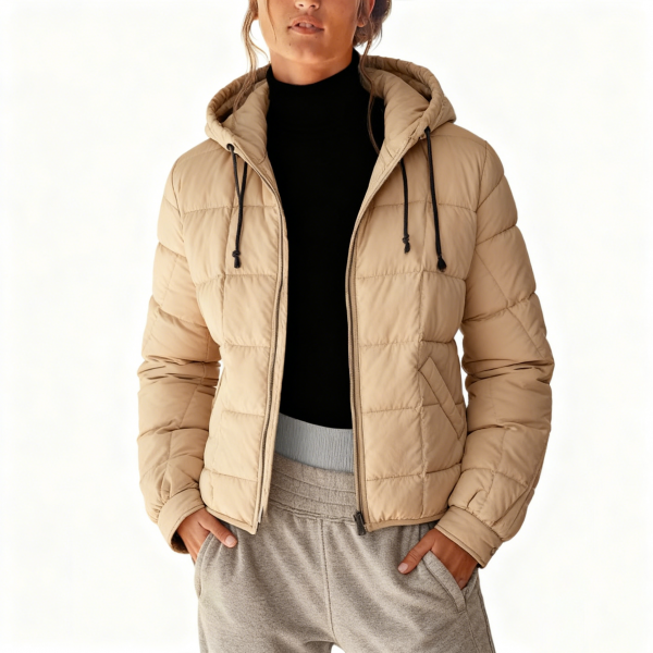 Beige Drawstring-Hood Puffer Jacket