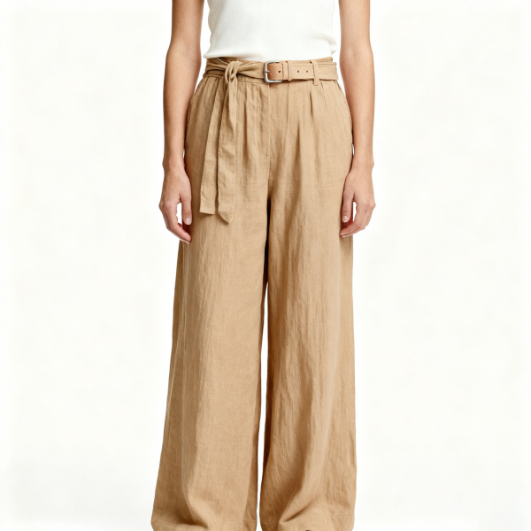 Tan Linen Wide-Leg Trousers