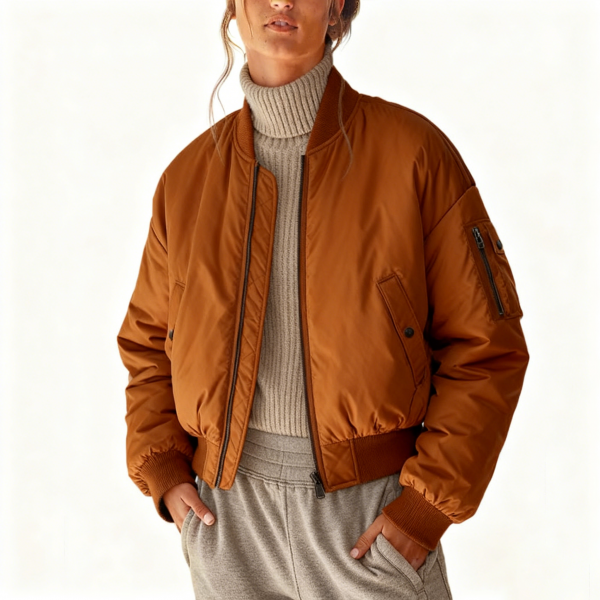 Tan Bomber-Style Puffer Jacket